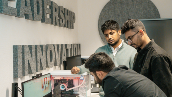 Atom model orbiting, digital backdrop, science, technology